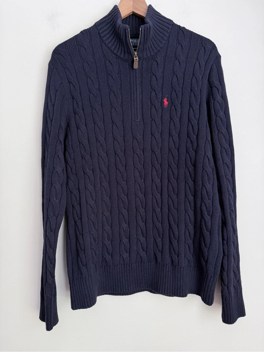 Polo Ralph Lauren Men’s Cable Knit Cotton Quarter Zip Pullover Sweater navy blue